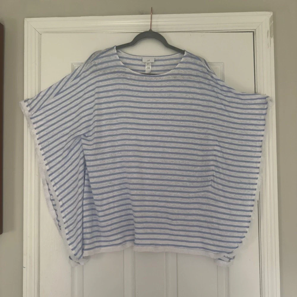 J. Jill Linen Striped Top M L Blue White Dolman Sleeve Oversized Poncho Style - Picture 2 of 7